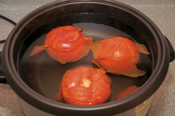 Blanch the tomatoes in hot water for a short while and then peel the tomatoes