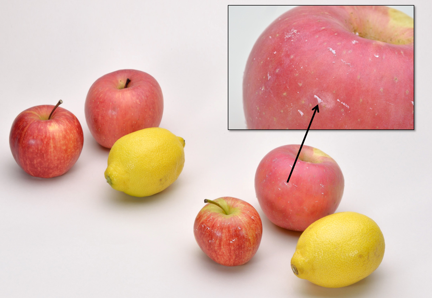 沒有打蠟的水果(圖左)和打了蠟的水果(圖右)同樣光鮮亮澤。從打了蠟的蘋果上刮出的蠟屑(右上)