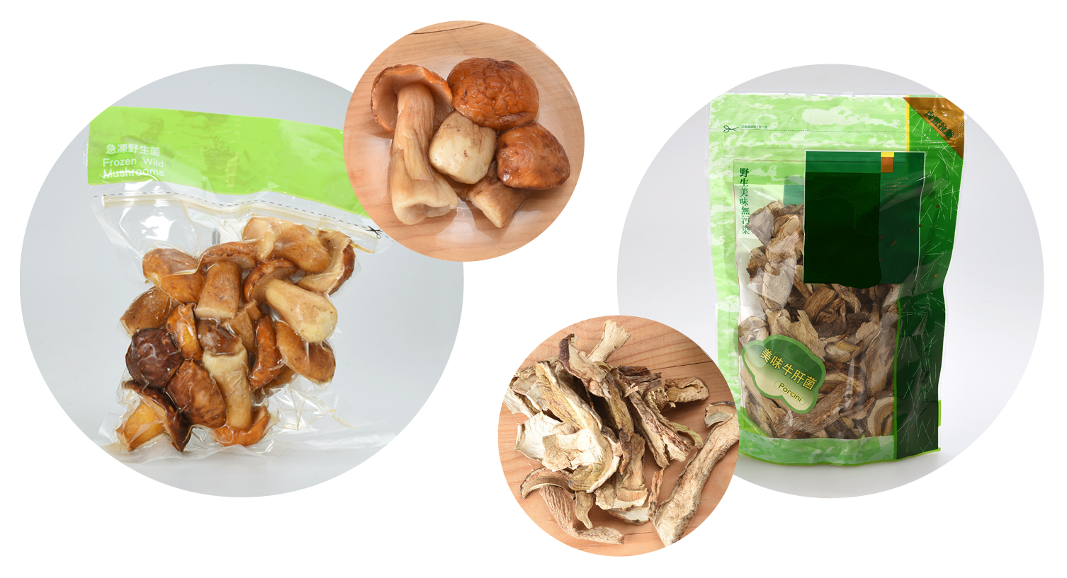Figure 2: Besides fresh, porcini may be traded as canned, frozen (left), and dried (left).