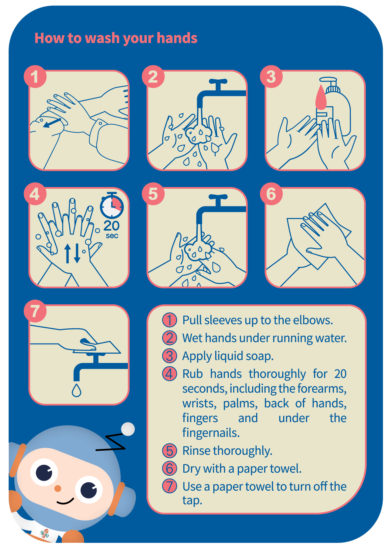The five steps to proper hand washing