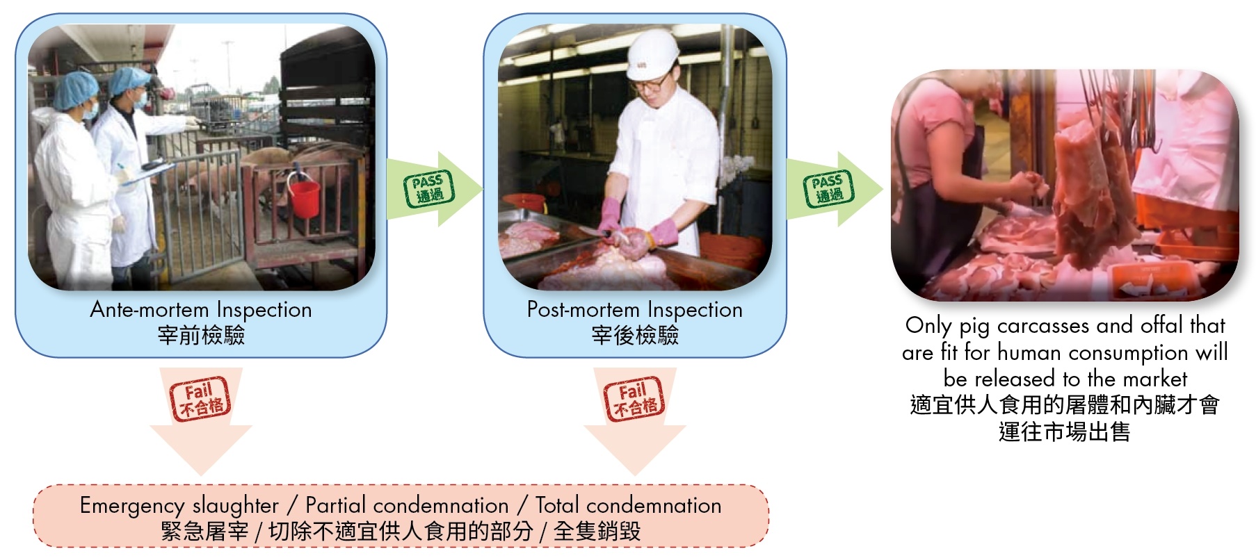 All local and imported pigs have to undergo stringent ante-mortem and post-mortem inspections in slaughterhouses to ensure that they are fit for human consumption before supply to the market.