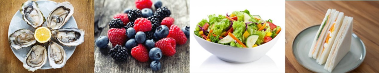 Foods that are likely to be contaminated with norovirus, including shellfish, fruits (particularly berries), salads and sandwiches