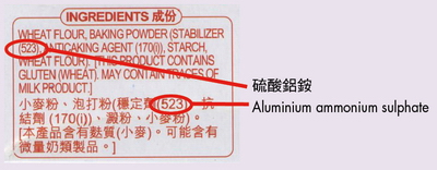 Food label showing a list of ingredients with aluminium-containing food additives