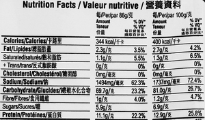 Noodle B: Both net weight and serving size are 86 g.