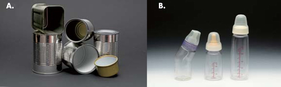 图 : 双酚 A 常用于制造 (A) 食物罐的环氧树脂内层及 (B) 聚碳酸酯奶瓶